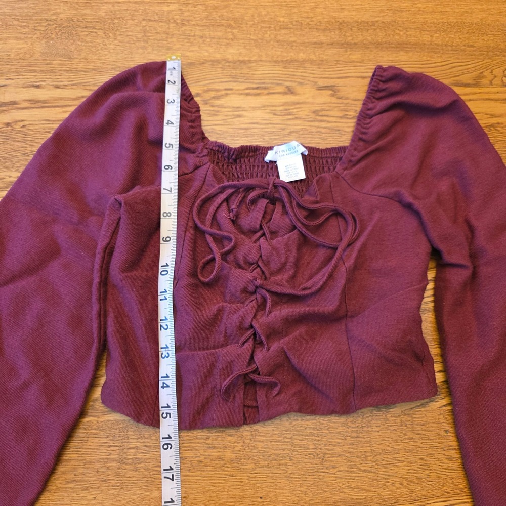 Kirious Crop Top Burgundy Long Sleeve Square‎ Neck Lace Up Smocked Boho Coquette - Picture 3 of 10